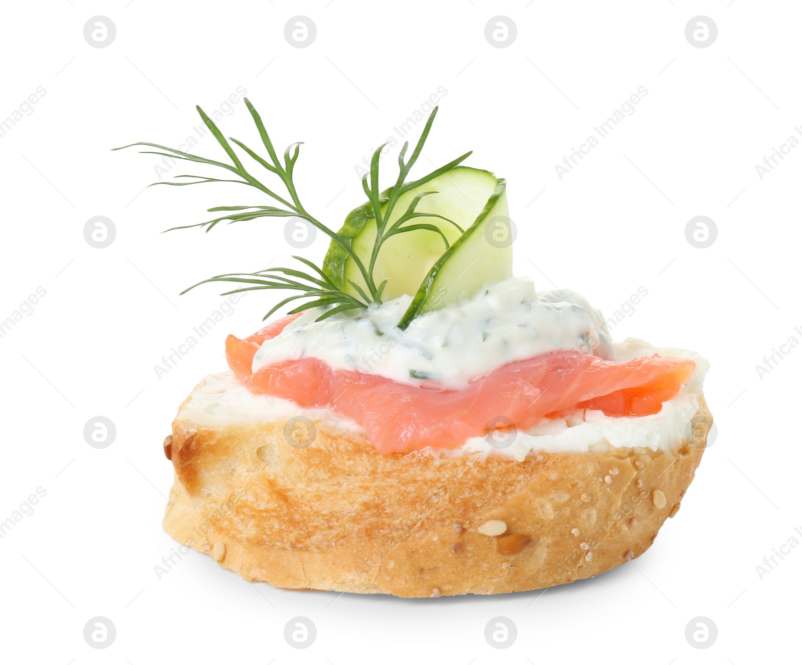 Photo of Tasty canape with salmon, cucumber, cream cheese and dill isolated on white