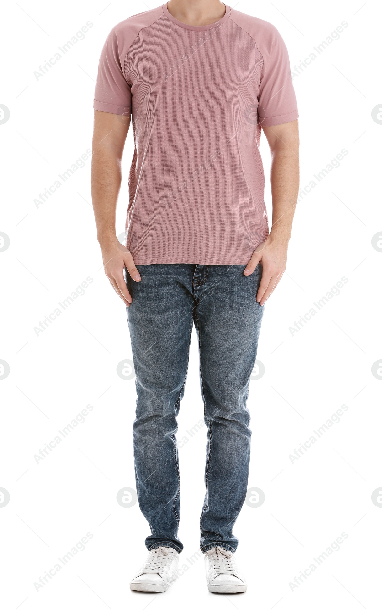 Photo of Young man on white background, closeup. Weight loss