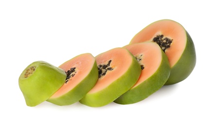 Fresh sliced papaya fruit on white background