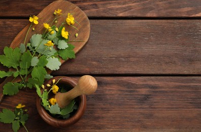 Photo of Celandine with mortar, pestle and board on wooden table, flat lay. Space for text