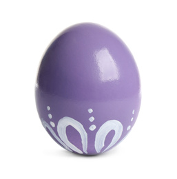 Photo of Purple egg with floral pattern isolated on white. Easter symbol