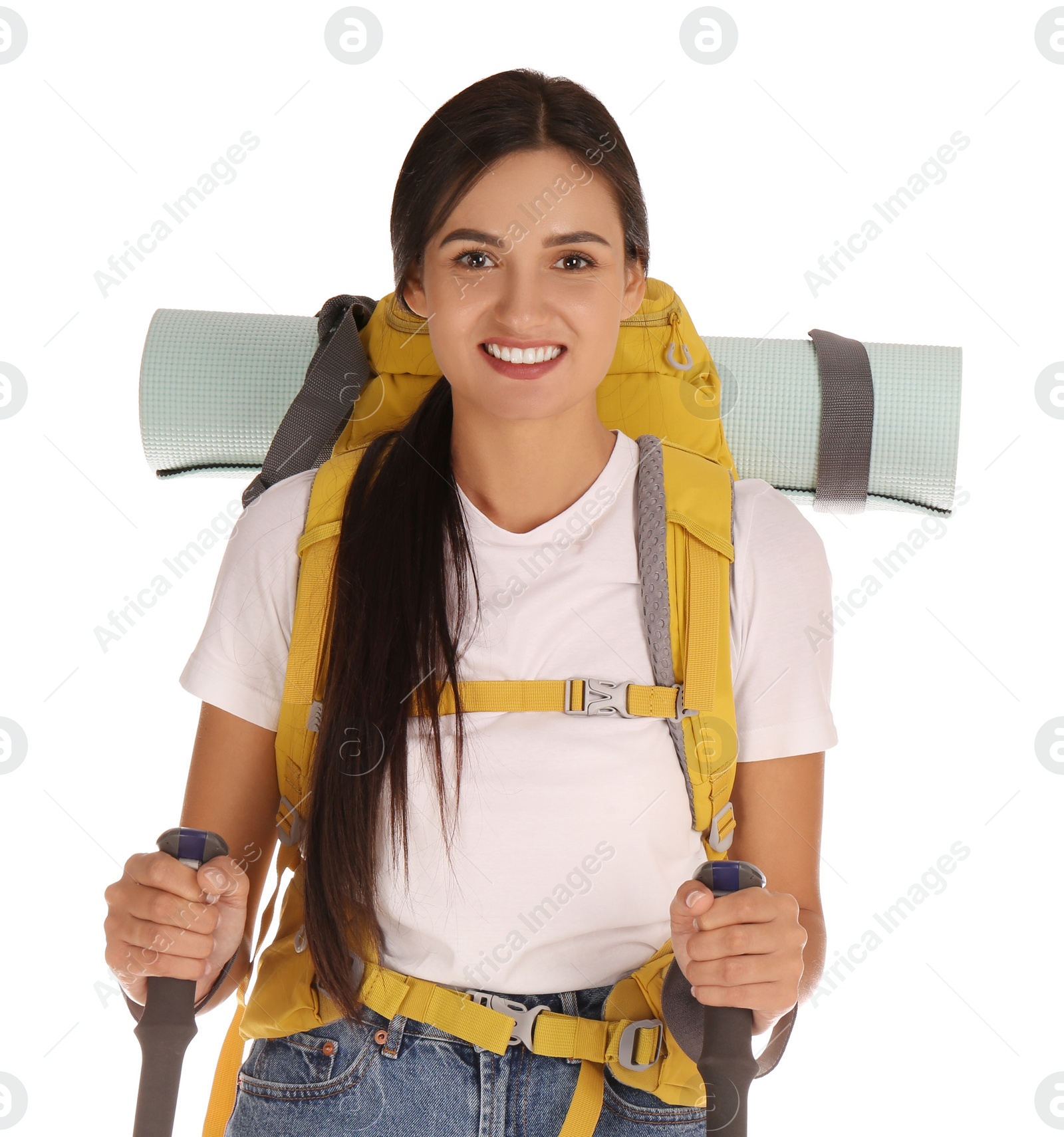 Photo of Female hiker with backpack and trekking poles on white background