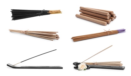Image of Set with aromatic incense sticks on white background 