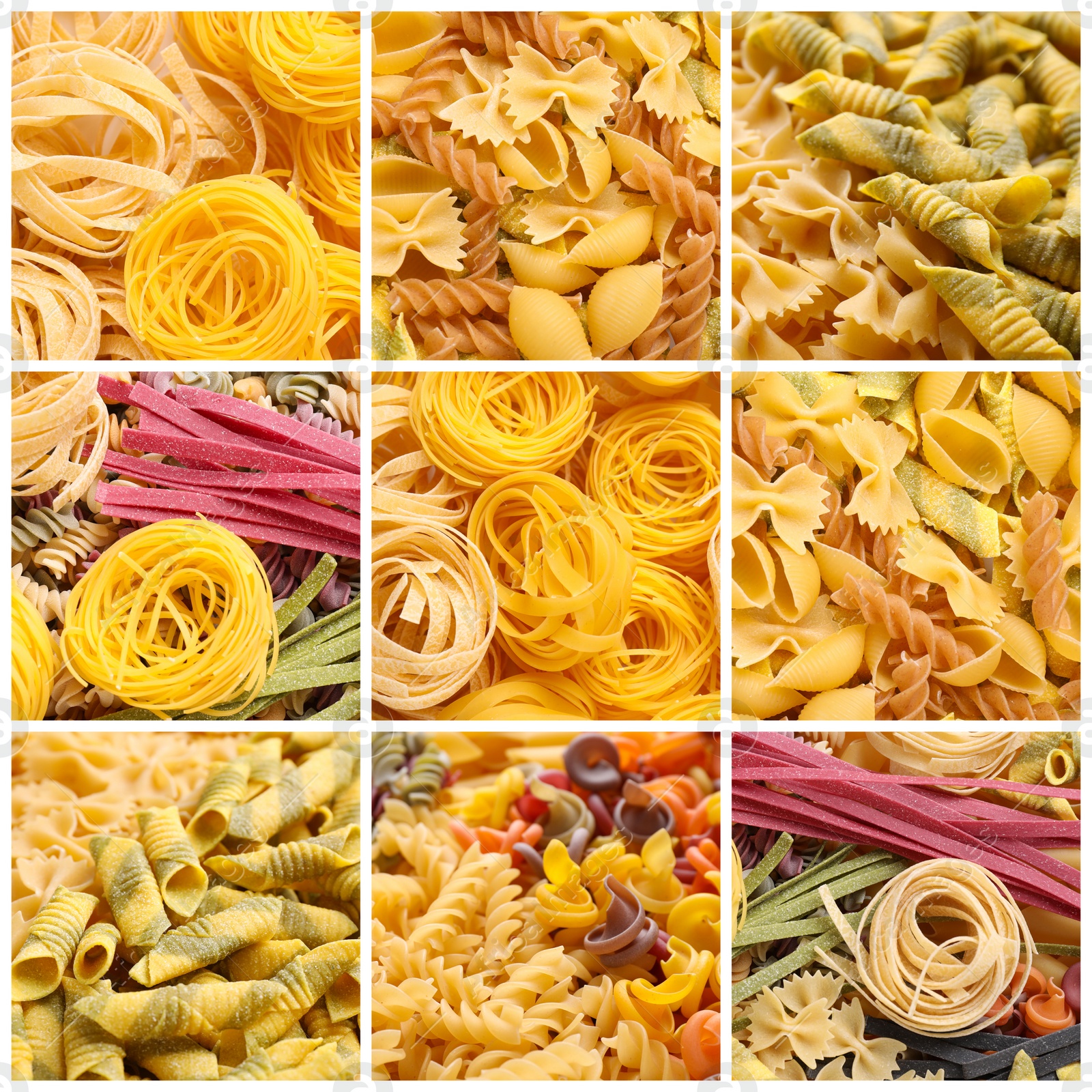 Image of Different types of uncooked pasta. Photo collage