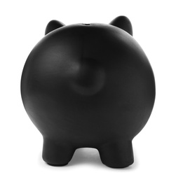 Photo of Black piggy bank on white background. Money saving