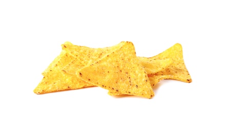 Tasty Mexican nachos chips on white background