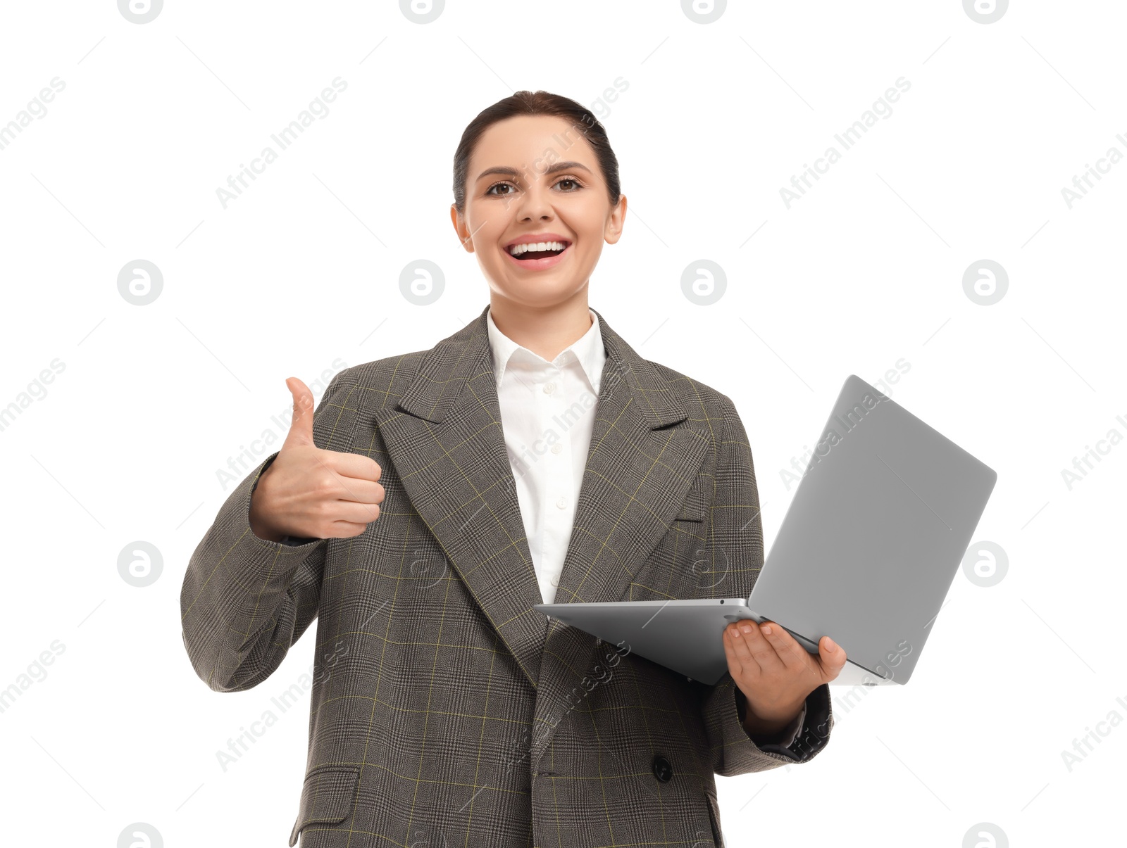 Photo of Beautiful happy businesswoman with laptop showing thumbs up on white background