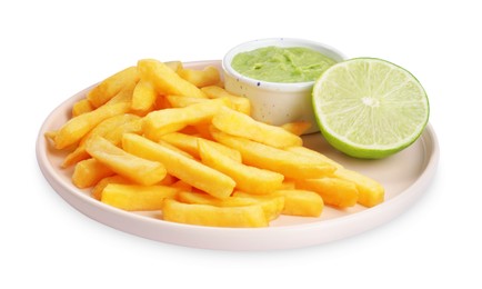 Photo of Plate with delicious french fries, avocado dip and lime isolated on white