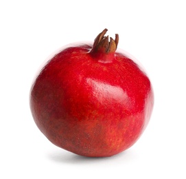 Photo of Ripe pomegranate on white background. Delicious fruit