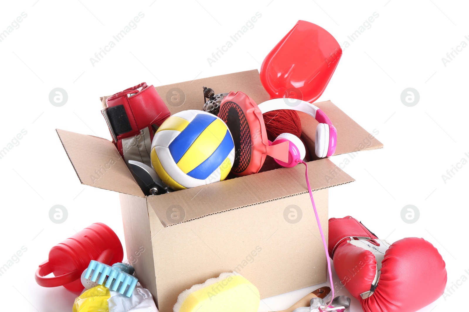 Photo of Box of unwanted stuff isolated on white