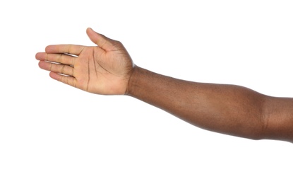 Photo of African-American man extending hand for shake on white background, closeup