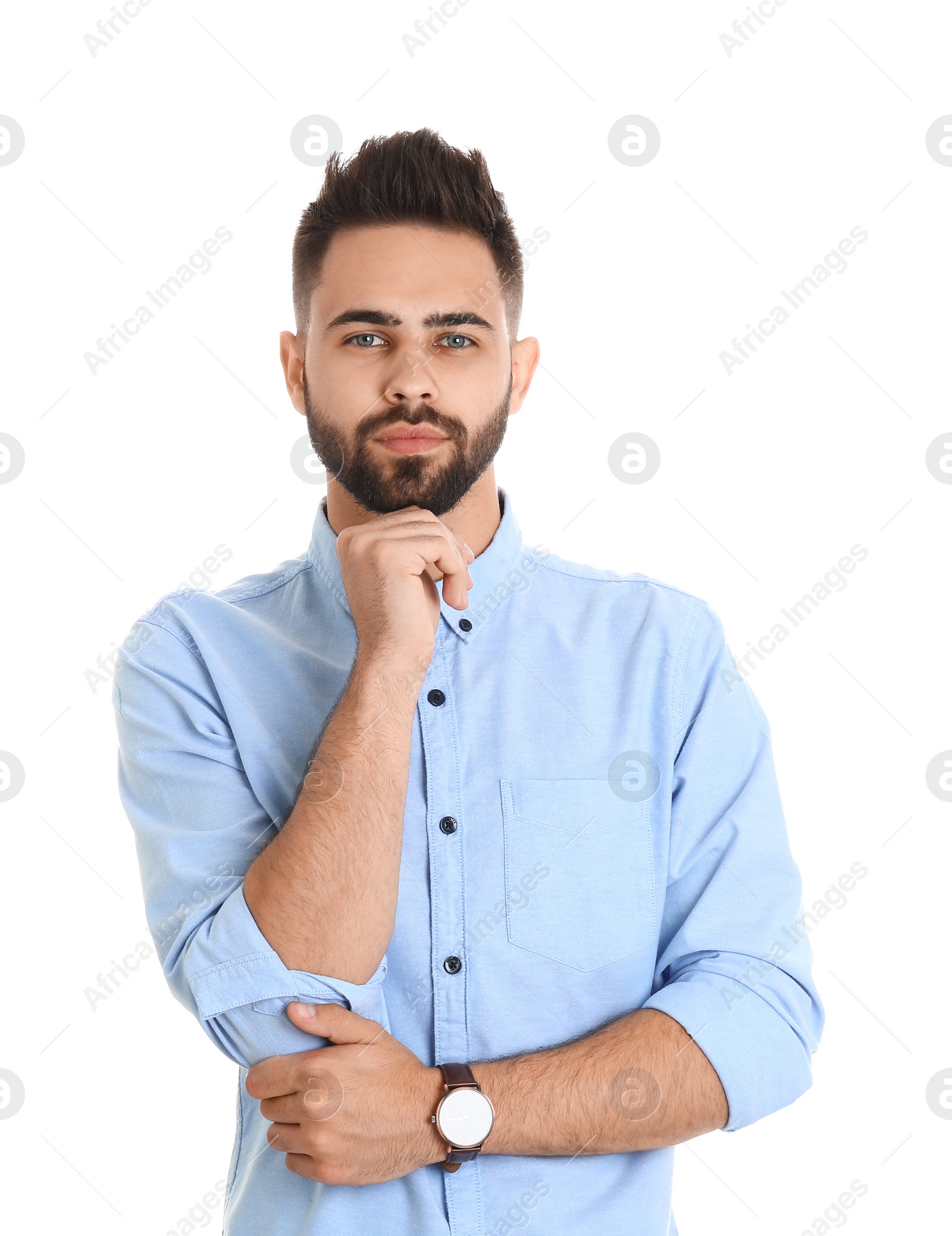 Photo of Portrait of handsome confident man isolated on white