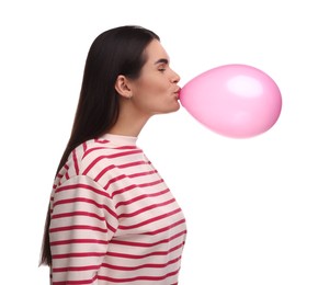 Photo of Woman inflating pink balloon on white background