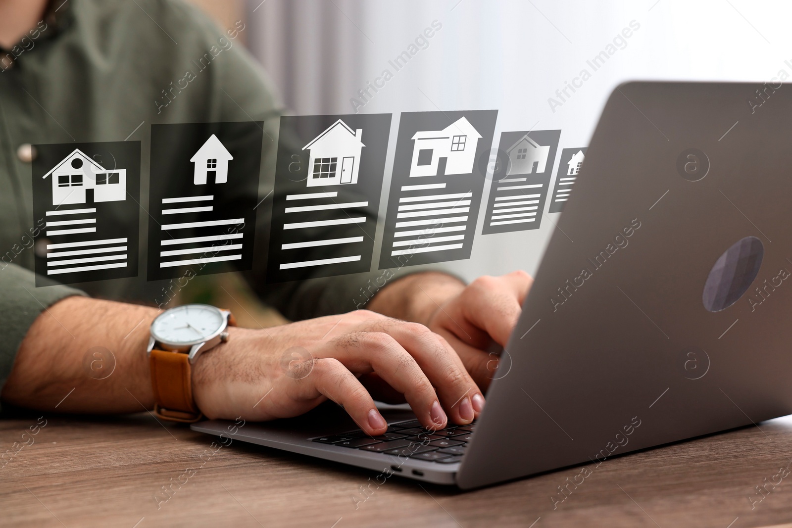 Image of House search. Man choosing home via laptop at table, closeup. Illustrations of different buildings as real estate variations