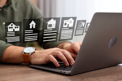 House search. Man choosing home via laptop at table, closeup. Illustrations of different buildings as real estate variations