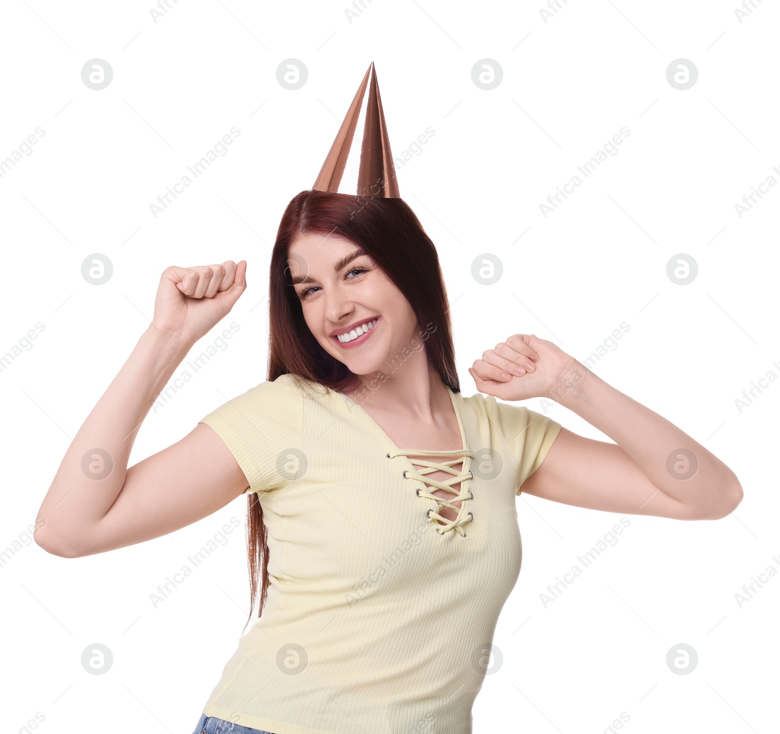 Photo of Happy woman in party hat on white background