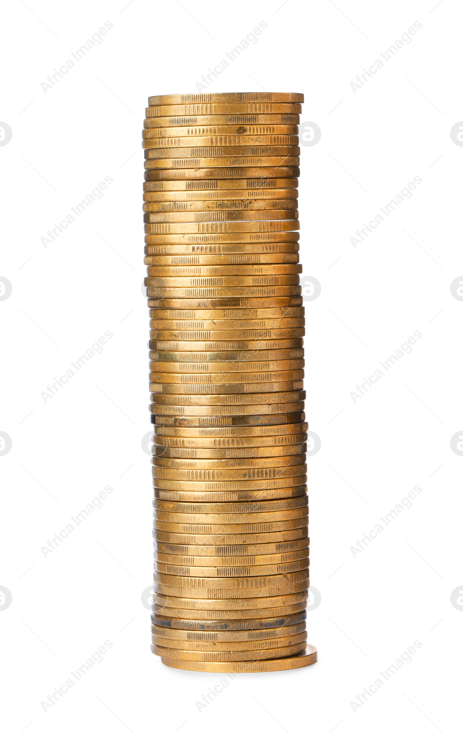 Photo of Stack of golden coins on white background