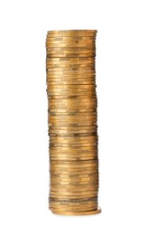 Photo of Stack of golden coins on white background