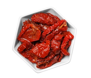 Photo of Bowl with sun dried tomatoes on white background, top view