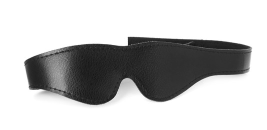 Photo of Black leather eye mask on white background. Accessory for sexual roleplay
