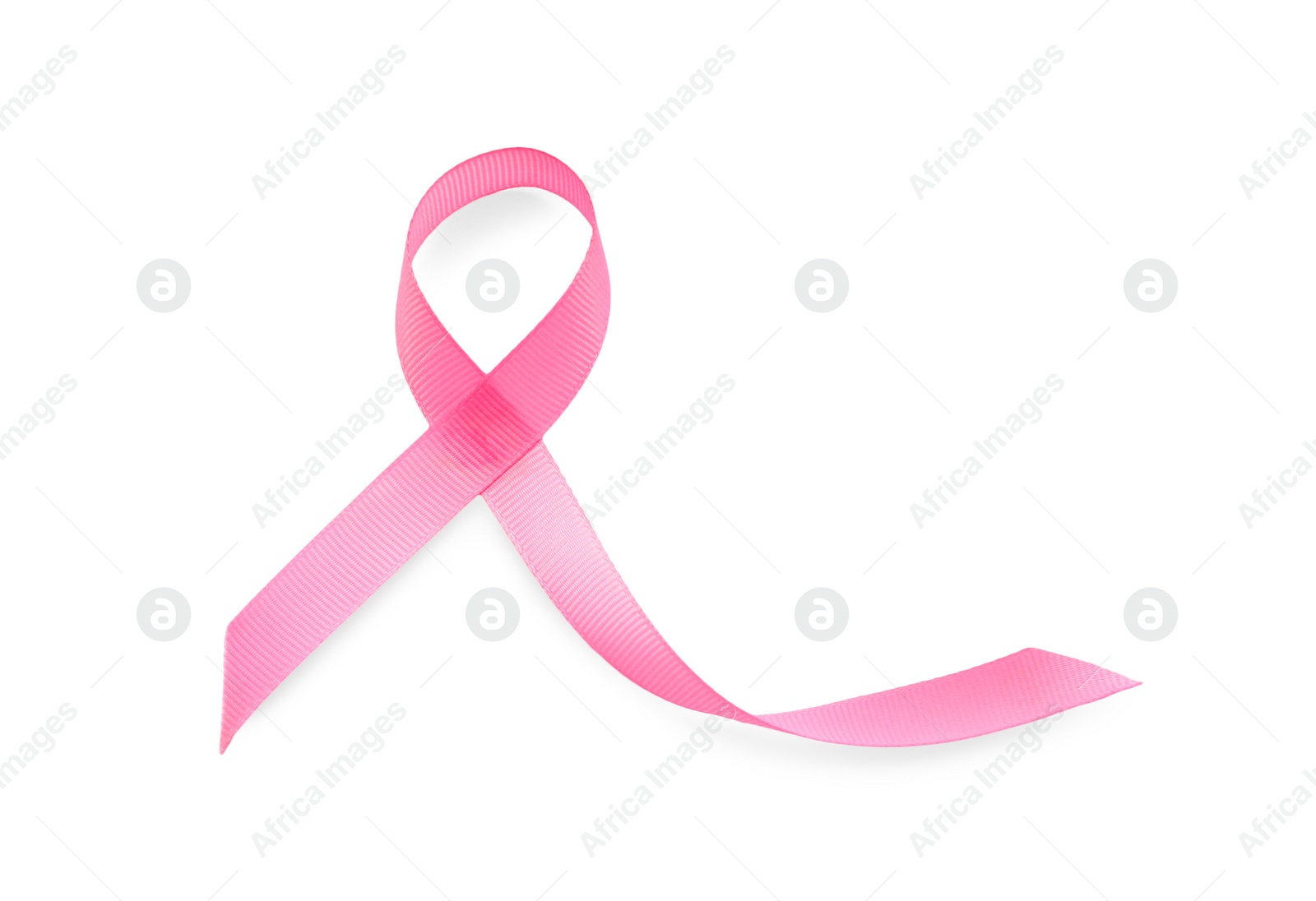 Photo of Pink ribbon isolated on white, top view