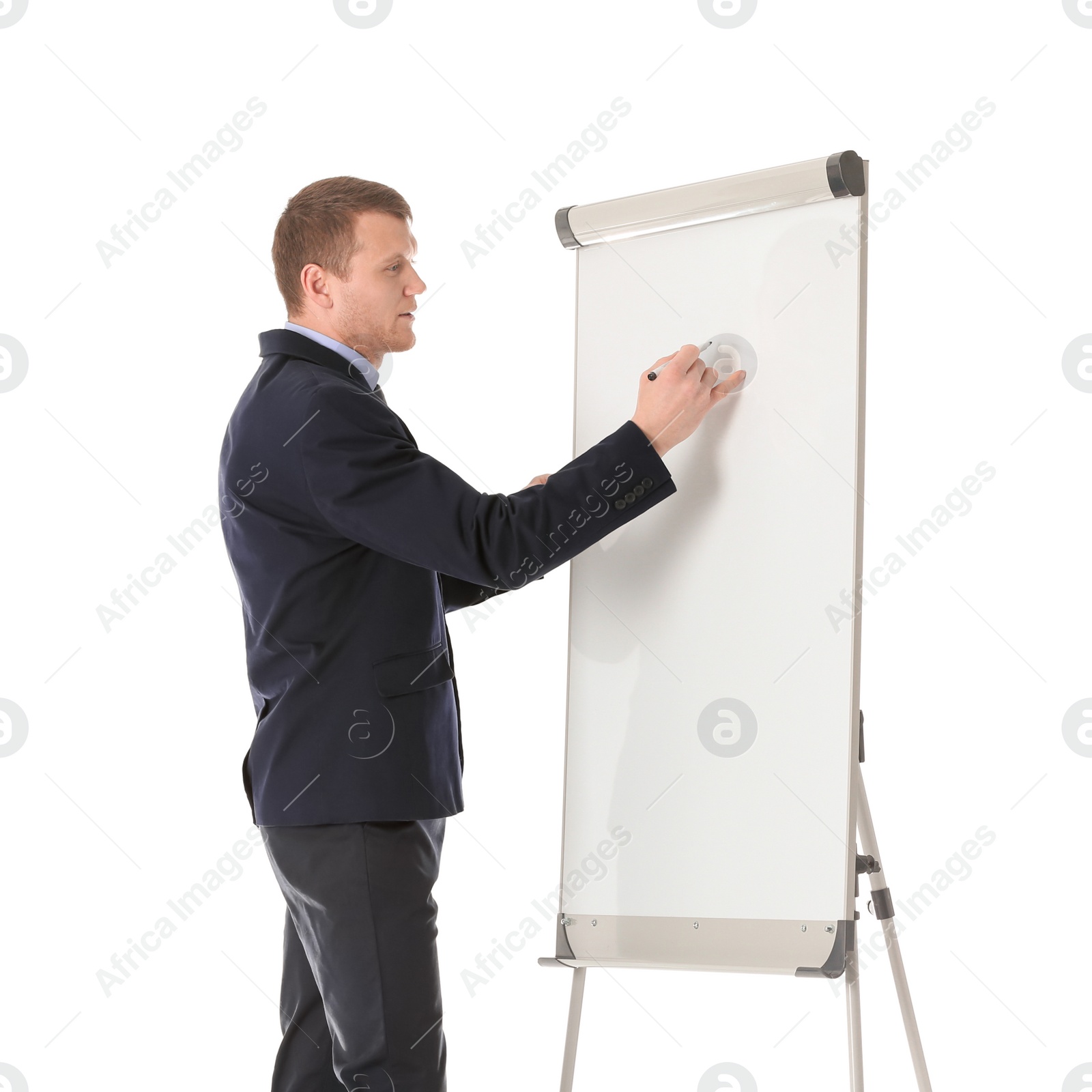 Photo of Business trainer giving presentation on flip chart board against white background