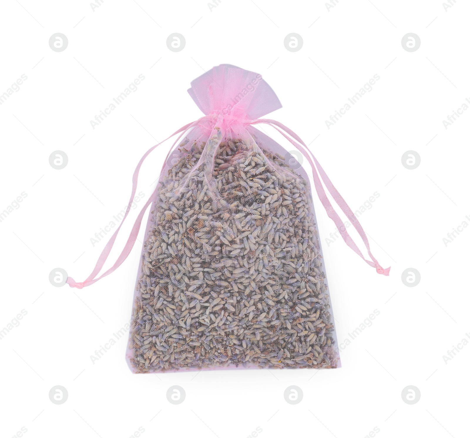 Photo of Scented sachet with dried lavender flowers isolated on white, top view