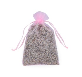 Scented sachet with dried lavender flowers isolated on white, top view