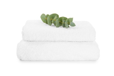 Terry towels and eucalyptus branch isolated on white