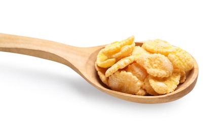 Photo of Wooden spoon of tasty crispy corn flakes on white background