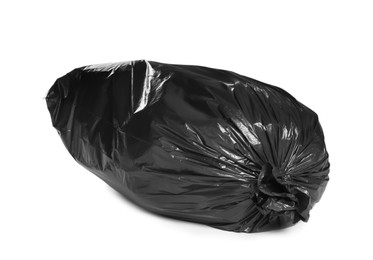 Photo of Black trash bag filled with garbage isolated on white