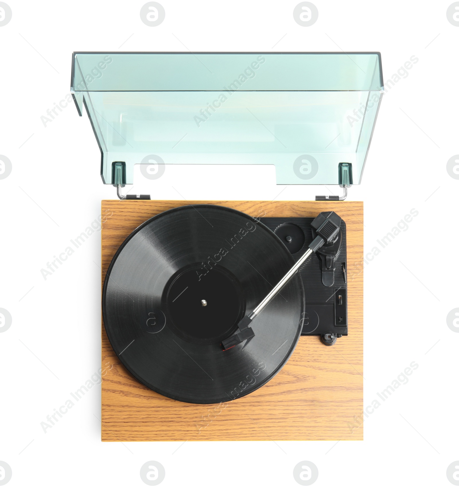 Photo of Modern vinyl record player with disc isolated on white, top view