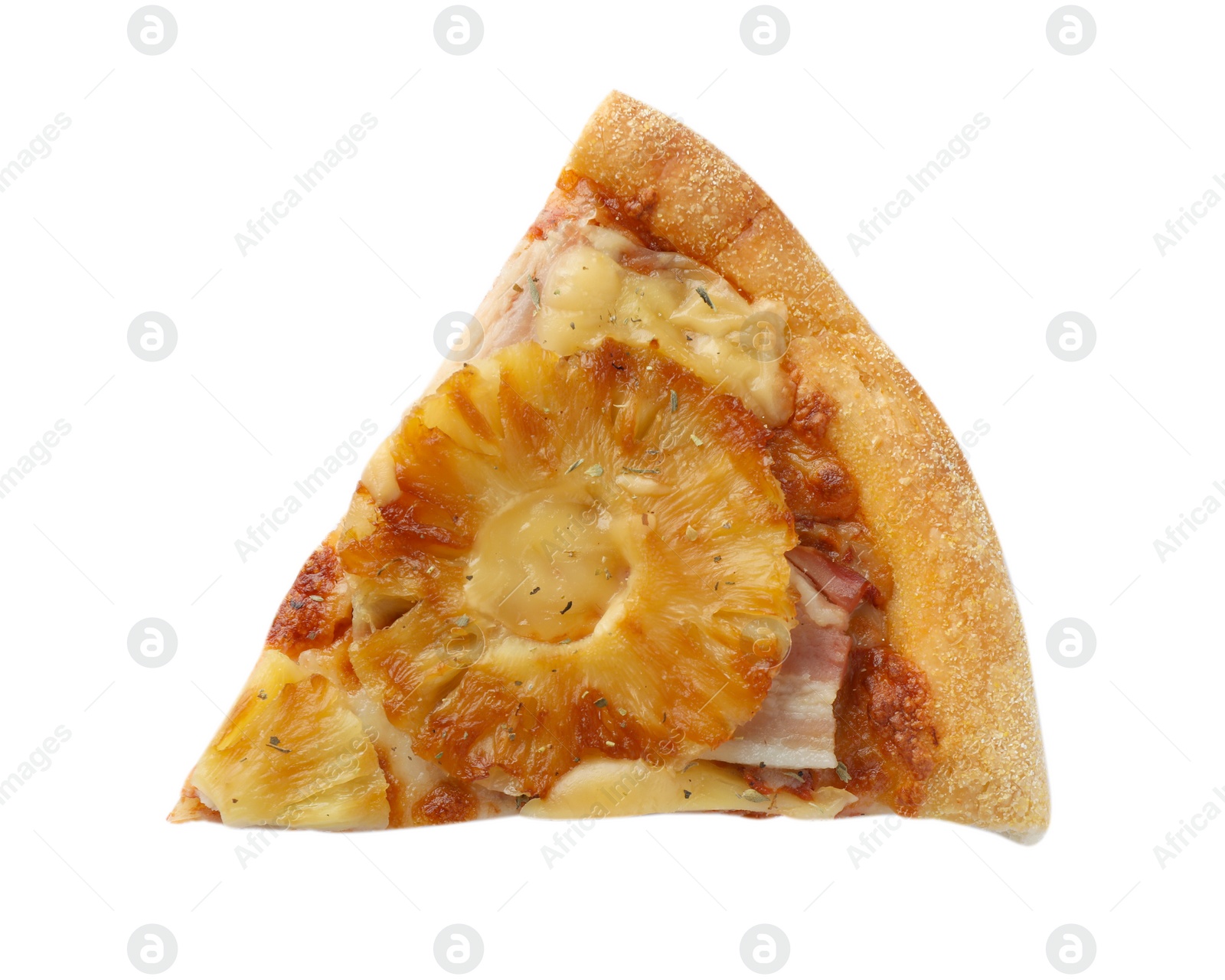 Photo of Piece of delicious pineapple pizza isolated on white, top view