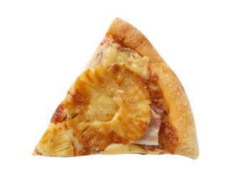 Photo of Piece of delicious pineapple pizza isolated on white, top view