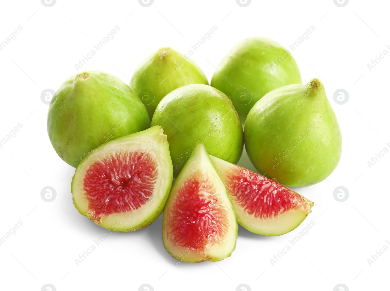 Photo of Whole and cut green figs on white background