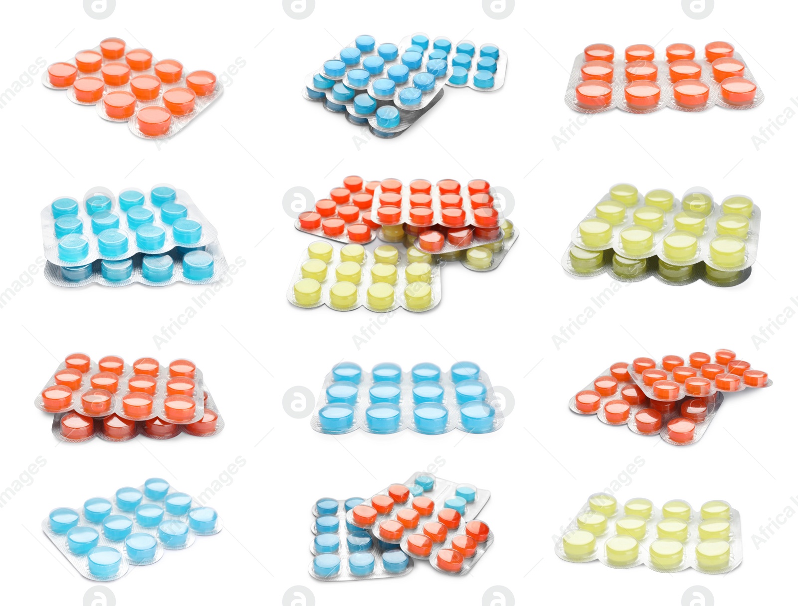 Image of Set with different cough drops on white background