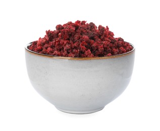 Photo of Dried red currants in bowl isolated on white