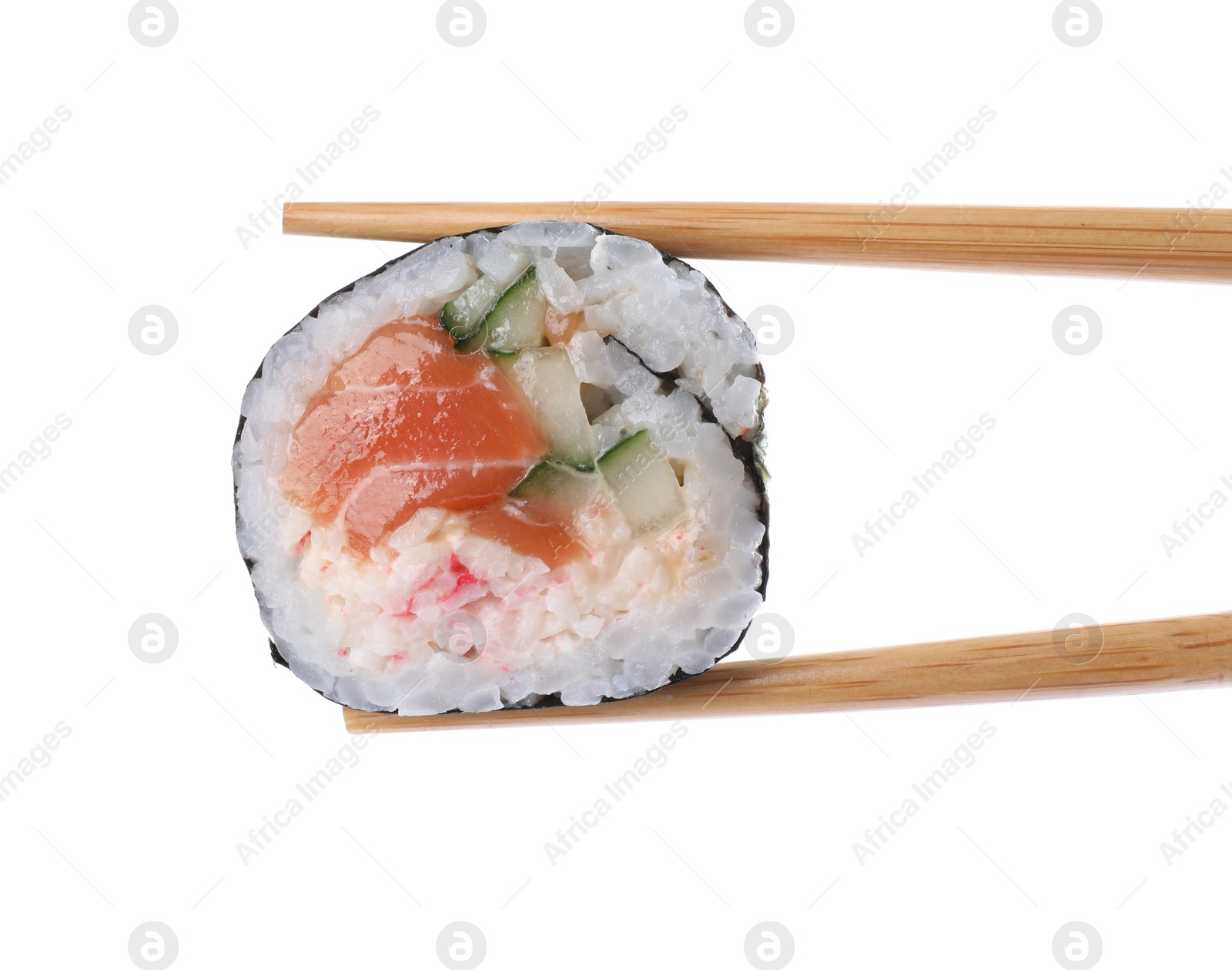 Photo of Chopsticks with tasty sushi roll on white background, closeup