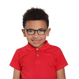 Portrait of cute African-American boy with glasses on light grey background