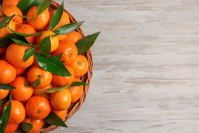 Fresh ripe juicy tangerines and green leaves on white wooden table, top view. Space for text