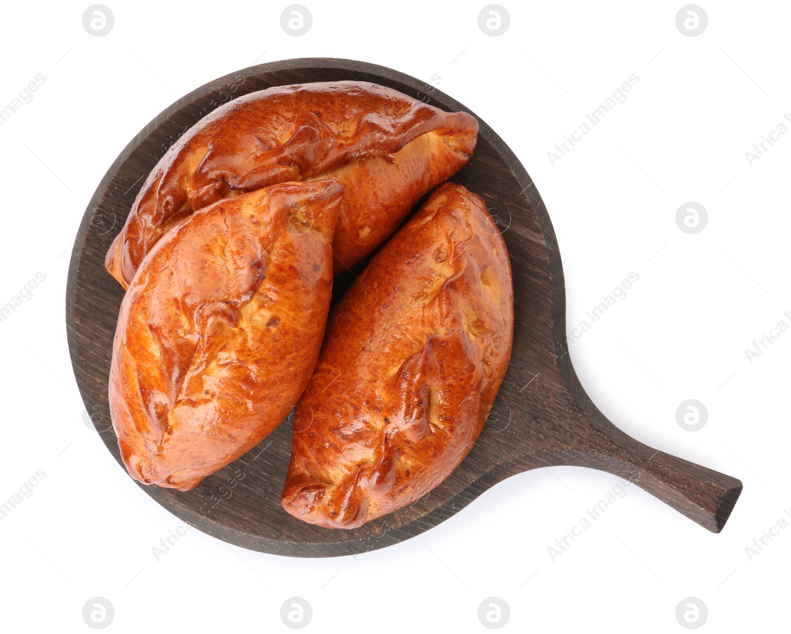 Photo of Wooden board with delicious baked patties on white background, top view