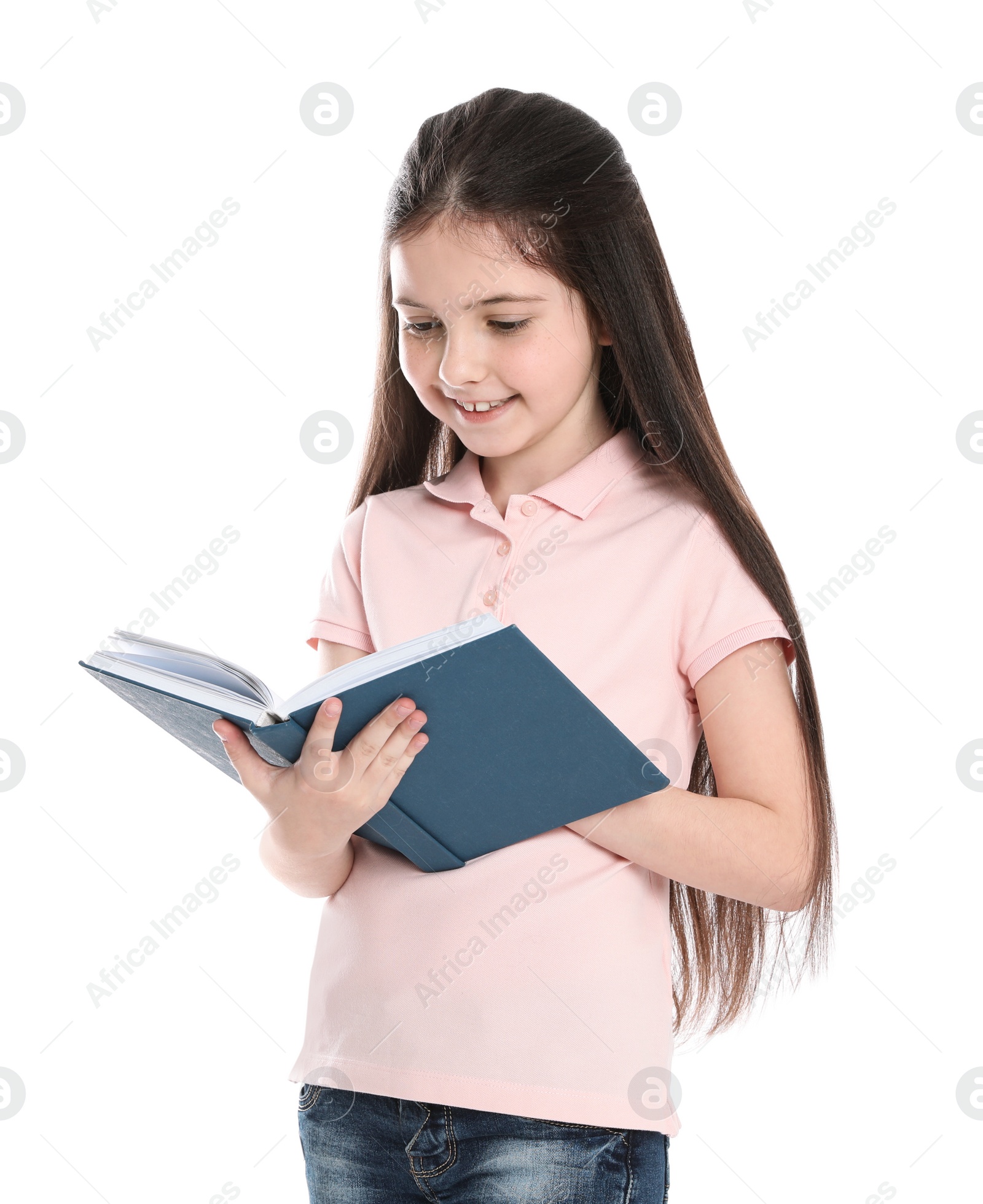 Photo of Cute little girl reading book on white background