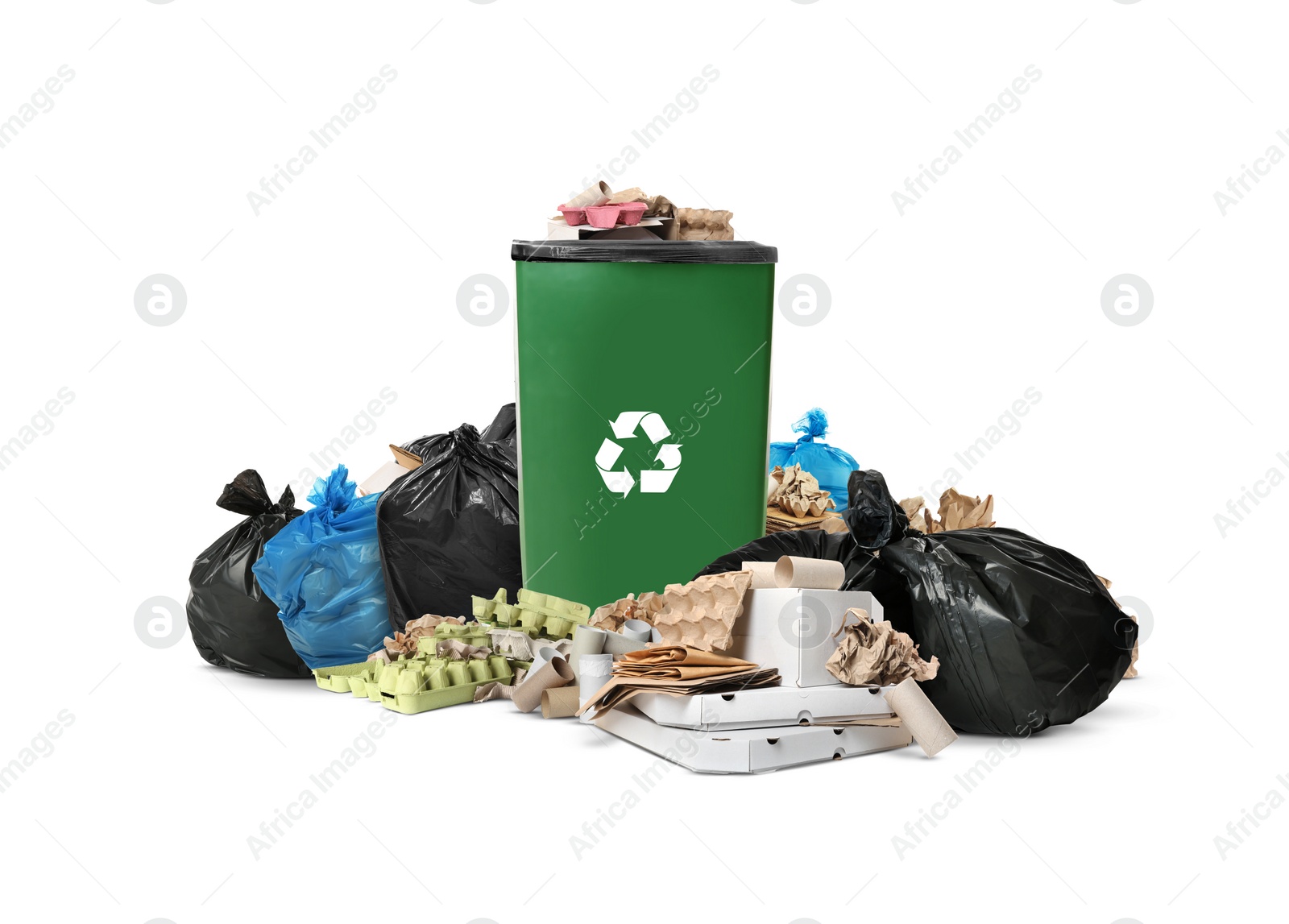 Image of Waste bin, plastic bags and garbage on white background