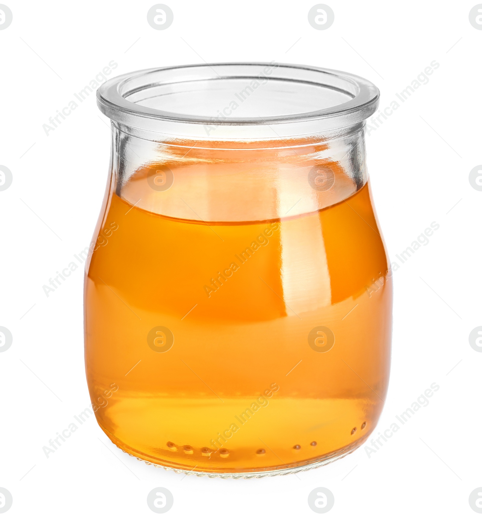 Photo of Tasty jelly dessert in glass jar on white background