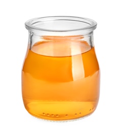 Tasty jelly dessert in glass jar on white background