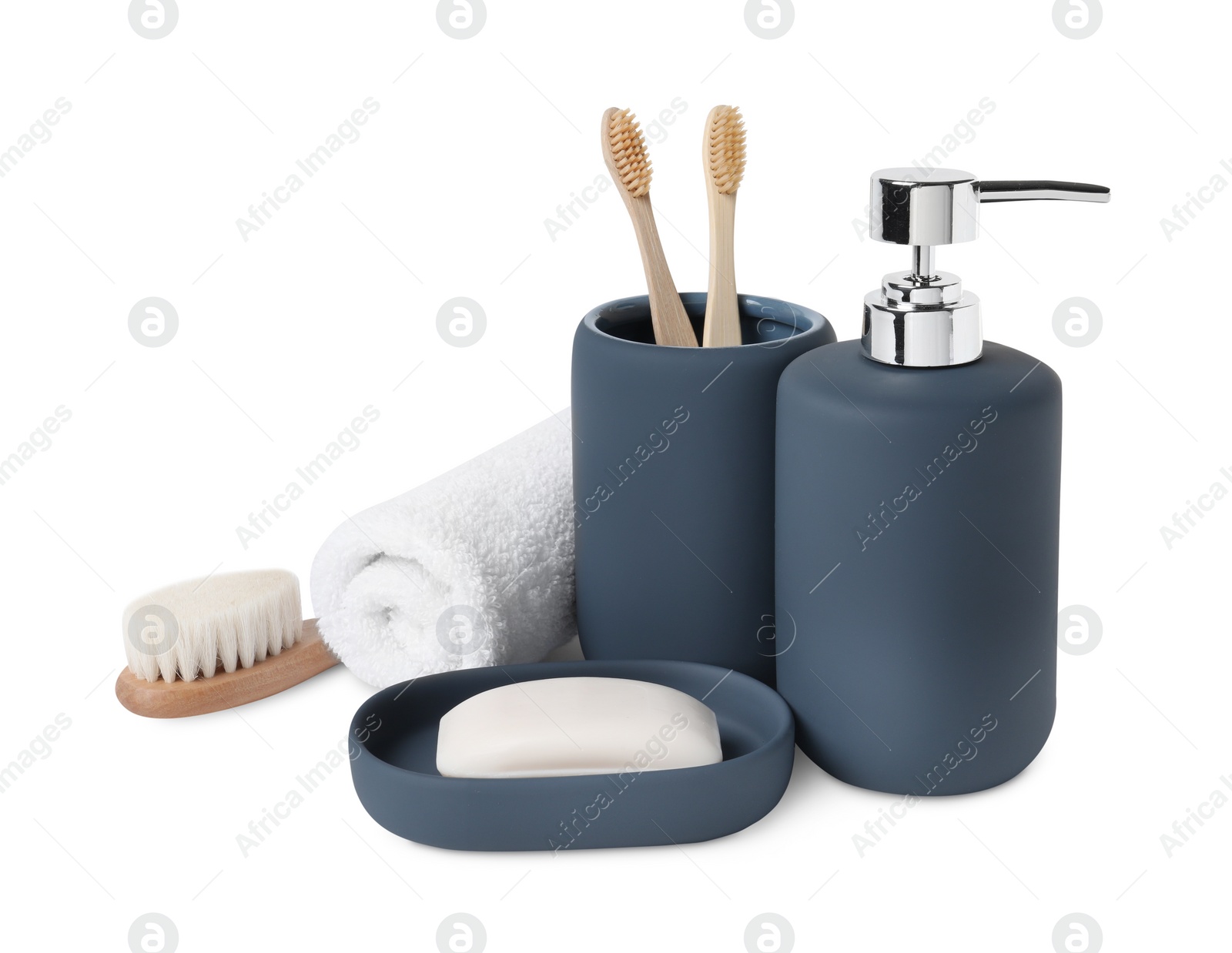 Photo of Bath accessories. Set of different personal care products isolated on white