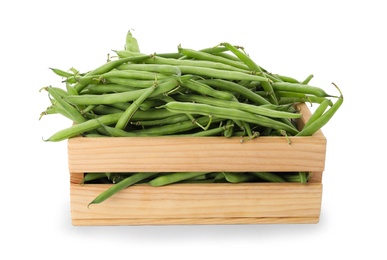 Fresh green beans in wooden crate on white background