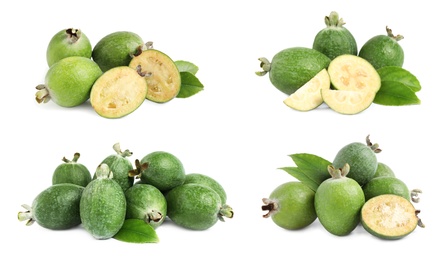 Set of fresh ripe feijoas on white background