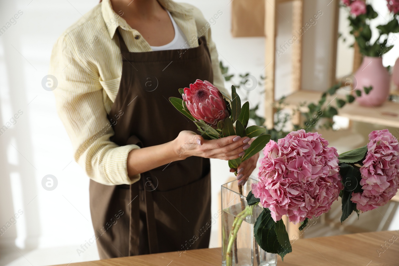 Photo of Florist with beautiful flowers in workshop, closeup