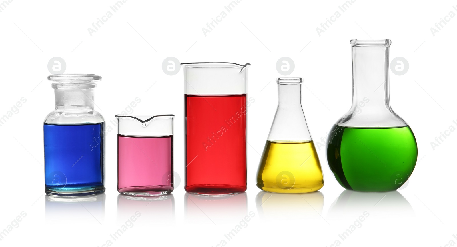 Photo of Different glassware with samples on white background. Solution chemistry